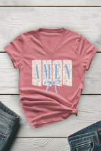 Load image into Gallery viewer, Blue Floral Amen Unisex V Neck Tee: Dusty Rose / L / Graphic T-Shirt
