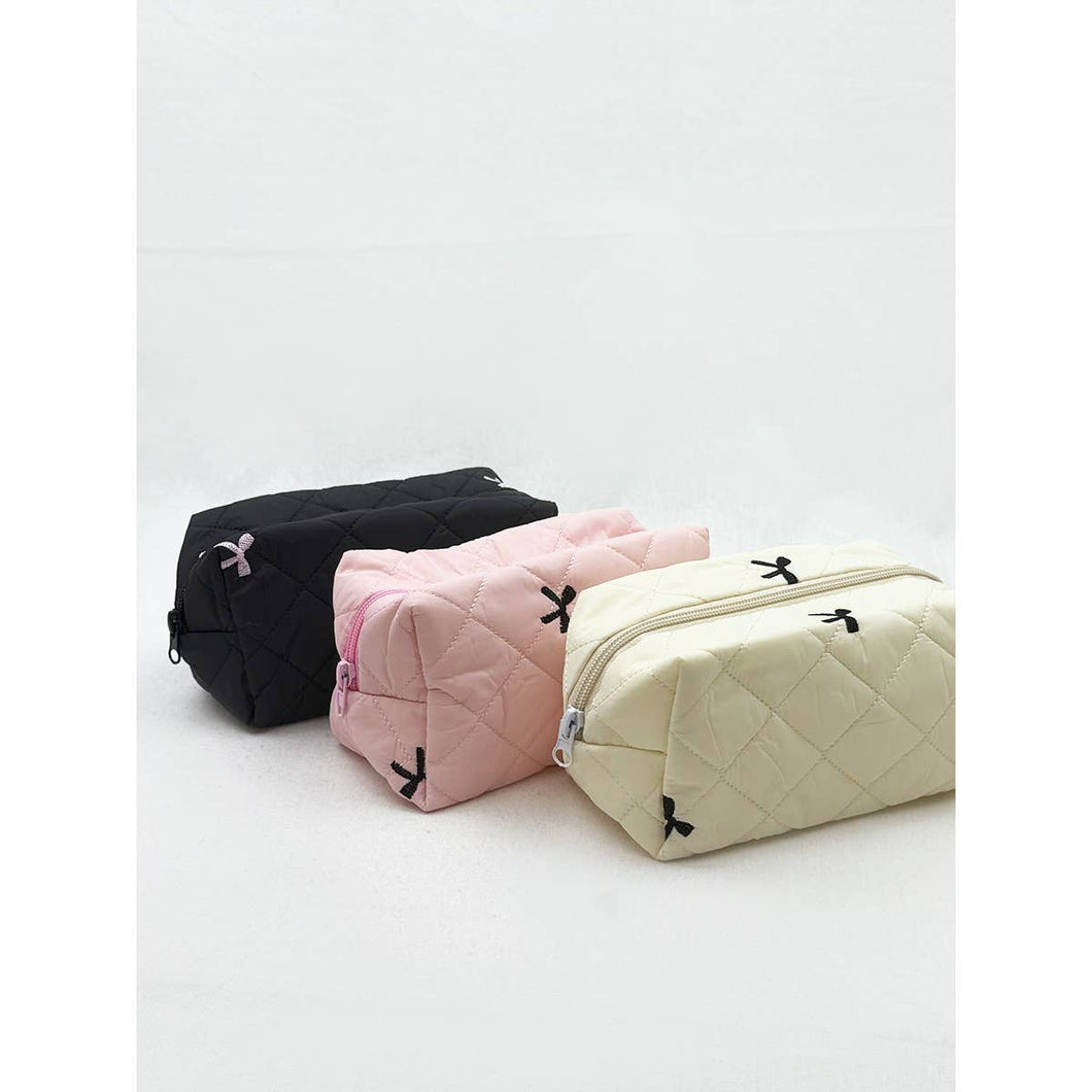Embossed Cloth with Bow Embroidery Cosmetic Bag: Pink, Black, Or White
