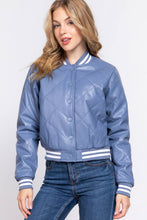 Load image into Gallery viewer, Long Sleeve Quilted PU Faux Leather Bomber Jacket: BLK-black / L
