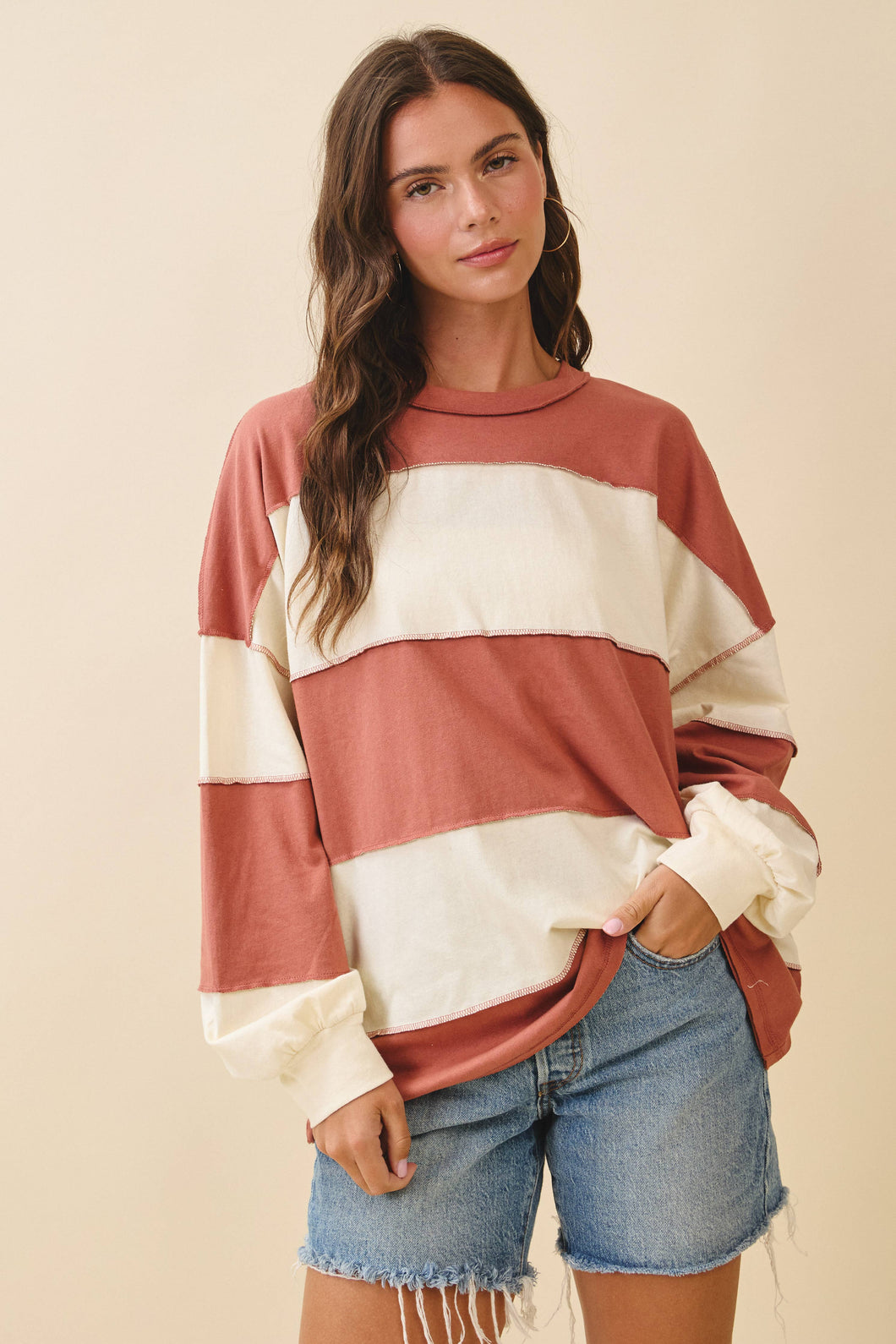 Contrast Panel Long Sleeve Slouchy Top: Terracotta Butter / Contemporary