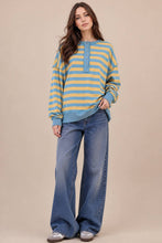 Load image into Gallery viewer, NT12310-Oversized Striped Half Button Down Casual Knit Top: YELLOW/BLUE / S-M-L/2-2-2
