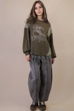 Load image into Gallery viewer, Oversized Mixed Media Western Graphic Knit Top: TAUPE
