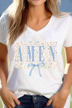 Load image into Gallery viewer, Blue Floral Amen Unisex V Neck Tee: Dusty Rose / L / Graphic T-Shirt
