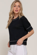Load image into Gallery viewer, Short Sleeve Round Neck Sweater with Contrast Color Stitch: WHT-white/black / M
