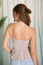 Load image into Gallery viewer, PLAID STRAPLESS FRONT TIE RUFFLE HEM TOP: BROWN

