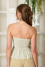 Load image into Gallery viewer, PLAID STRAPLESS FRONT TIE RUFFLE HEM TOP: BROWN
