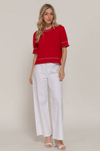 Load image into Gallery viewer, Short Sleeve Round Neck Sweater with Contrast Color Stitch: WHT-white/black / M

