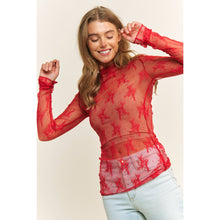 Load image into Gallery viewer, MESH LACE HIGH NECK DESIGN LONG SLEEVE FITTED TOP: Burgundy

