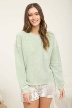 Load image into Gallery viewer, WASHED POCKET DETAIL LONG SLEEVE RIB KNIT TOP : LIGHT OLIVE
