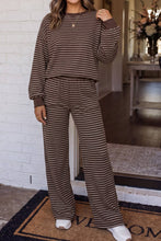 Load image into Gallery viewer, LAS-LIVE Cozy Striped Crew Neck Pocketed Pants Set (S-XL): Brown Stripe / M
