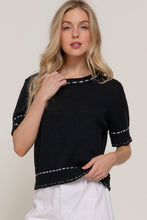 Load image into Gallery viewer, Short Sleeve Round Neck Sweater with Contrast Color Stitch: WHT-white/black / S
