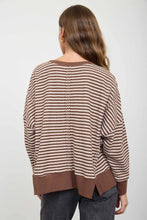 Load image into Gallery viewer, STRIPE EXPOSED SEAM SPLIT HEM LONG SLEEVE KNIT TOP (PRE-ORDER): BLACK
