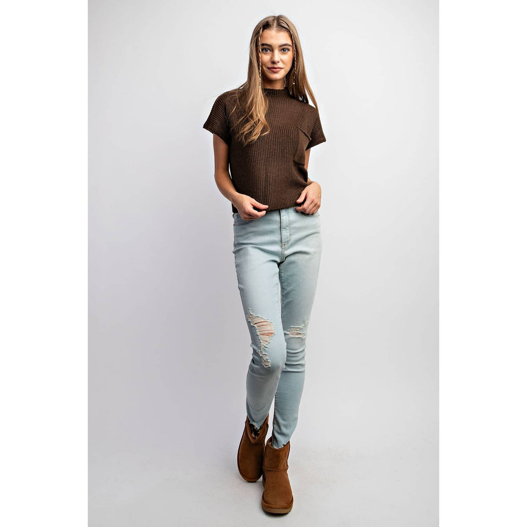 DROP SHOULDER RIB-KNIT SWEATER TOP : Brown