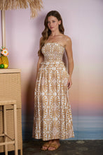 Load image into Gallery viewer, DEMASK PATTERN STRAPLESS SMOCKED MIDI SUNDRESS: CAMEL MULTI
