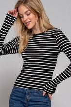 Load image into Gallery viewer, Long Sleeve Crew Neck Yarn Dyed Stripe Knit Top: WHT-WHITE/BLACK / M
