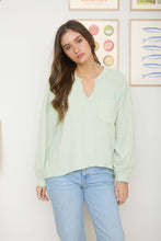Load image into Gallery viewer, SPLIT NECK RAW EDGE LONG SLEEVE RIBBED KNIT TOP: LIGHT PINK
