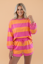 Load image into Gallery viewer, PRETTY BASH Stripe Long Sleeve Top &amp; Drawstring Shorts Set: Pink Stripe / L
