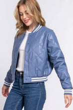Load image into Gallery viewer, Long Sleeve Quilted PU Faux Leather Bomber Jacket: BLK-black / M
