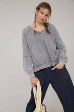 Load image into Gallery viewer, WASHED V NECK EXPOSED SEAM LONG SLEEVE KNIT TOP: INDIGO BLUE
