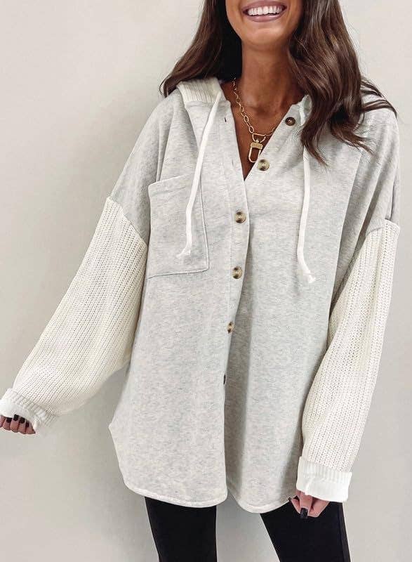 Colorblock Hoodie Sweatshirt with Button Detail: Light gray