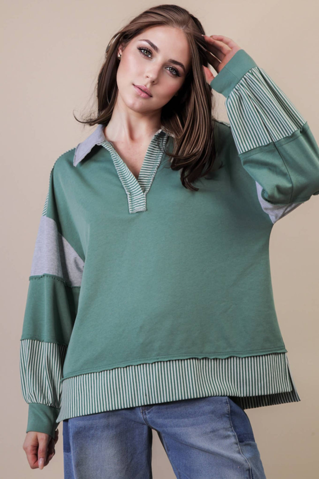Color Block Solid & Stripe Casual Knit Top: SAGE