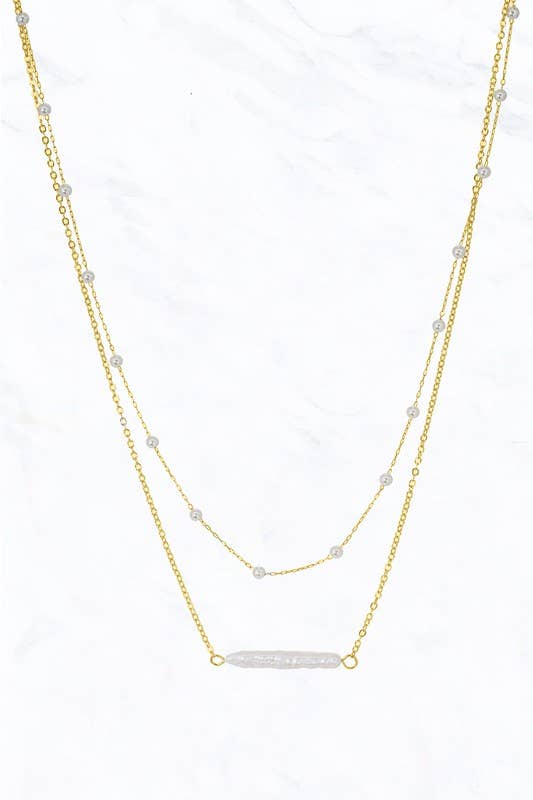 2 Layer Freshwater Pearl Short Charm Necklace: Gold Gream