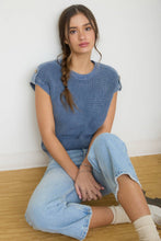 Load image into Gallery viewer, ACID WASHED TAB SLEEVE BACK BUTTON KNIT TOP: INDIGO
