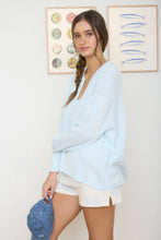 Load image into Gallery viewer, SPLIT NECK RAW EDGE LONG SLEEVE RIBBED KNIT TOP: LIGHT PINK
