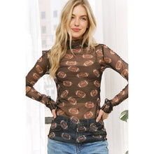 Load image into Gallery viewer, FOOTBALL PRINT MESH HIGH NECK DESIGN LONG SLEEVE TOP: Black Multi
