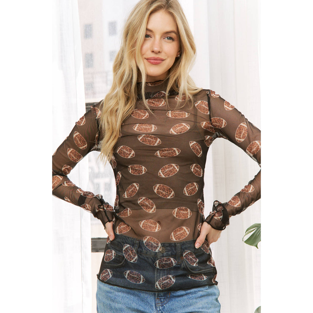 FOOTBALL PRINT MESH HIGH NECK DESIGN LONG SLEEVE TOP: Black Multi
