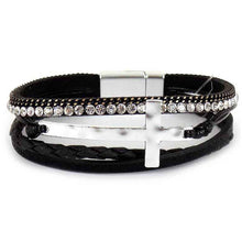 Load image into Gallery viewer, Hammered Cross Leather Strap Magnetic Bracelet: Black
