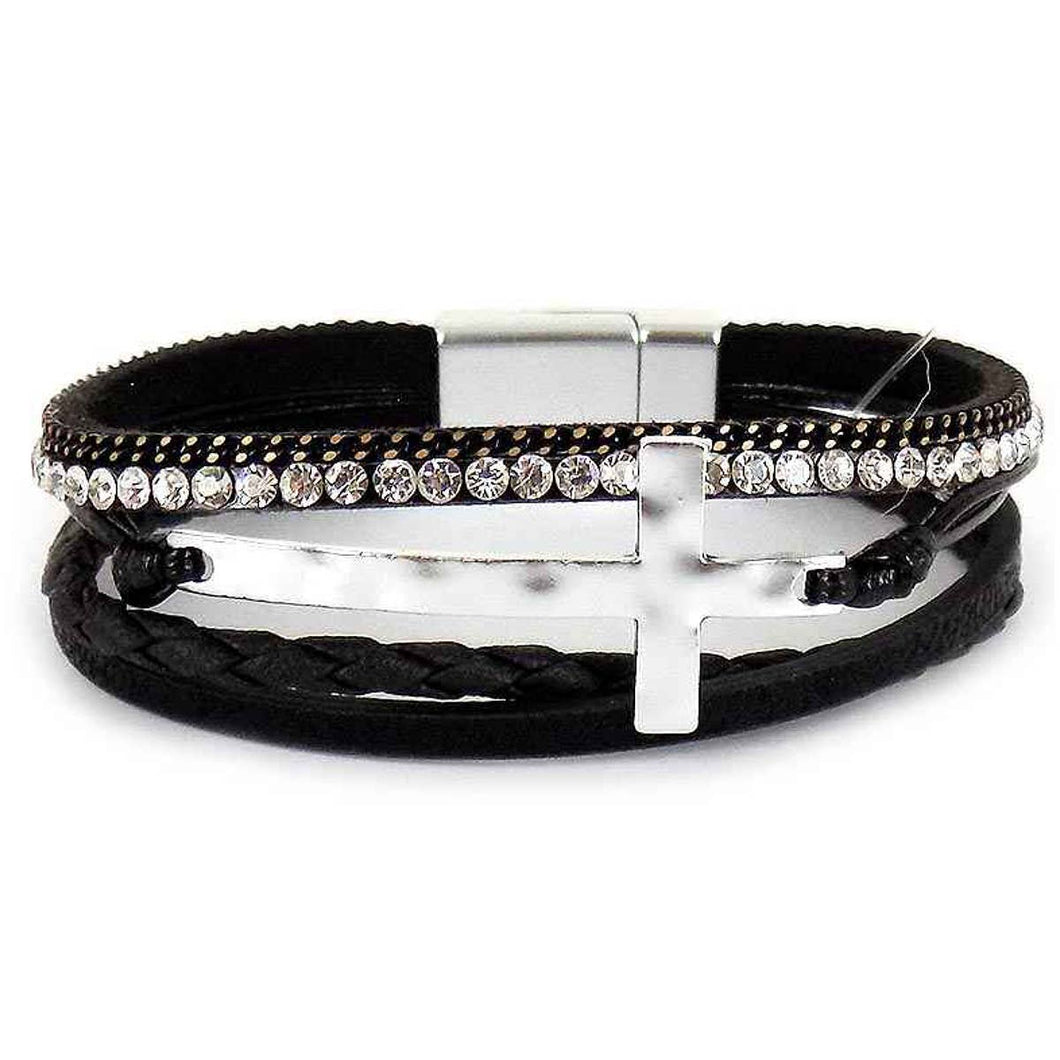 Hammered Cross Leather Strap Magnetic Bracelet: Black