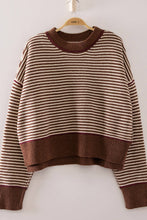 Load image into Gallery viewer, 12W3691N-Contrast Trim Stripe Knit Sweater: BLUE / S-M-L/2-2-2
