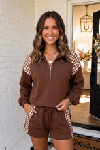 Load image into Gallery viewer, LAS Plaid Patchwork Zipper Collar Shorts Set (S-XL): Coffee / S
