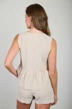 Load image into Gallery viewer, STRIPE FRONT TIE SLEEVELESS RUFFLE HEM TOP: MOCHA
