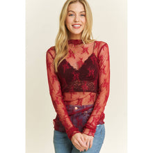 Load image into Gallery viewer, MESH LACE HIGH NECK DESIGN LONG SLEEVE FITTED TOP: Burgundy
