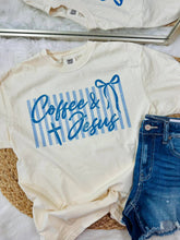 Load image into Gallery viewer, Coffee And Jesus Blue Striped Background DTF Apparel: Blossom CC tee
