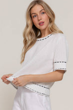 Load image into Gallery viewer, Short Sleeve Round Neck Sweater with Contrast Color Stitch: WHT-white/black / S
