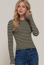Load image into Gallery viewer, Long Sleeve Crew Neck Yarn Dyed Stripe Knit Top: WHT-WHITE/BLACK / M
