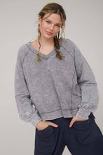 Load image into Gallery viewer, WASHED V NECK EXPOSED SEAM LONG SLEEVE KNIT TOP: INDIGO BLUE
