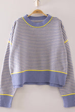Load image into Gallery viewer, 12W3691N-Contrast Trim Stripe Knit Sweater: BLUE / S-M-L/2-2-2

