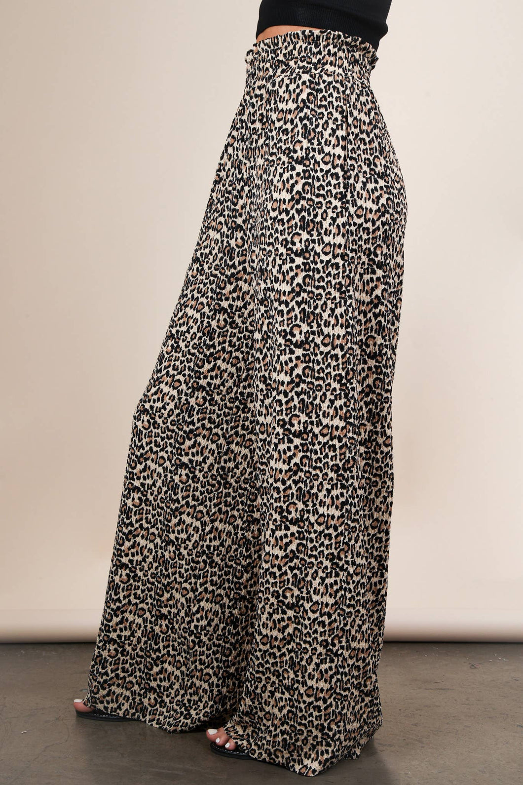 Leopard Print & Solid Wide Leg Pleated Pants: MOCHA LEOPARD