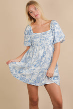 Load image into Gallery viewer, Printed Puff Sleeve Mini Dress: BLUE
