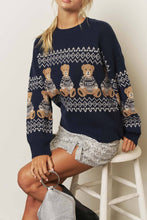 Load image into Gallery viewer, HOLIDAY BEAR MOTIF CREW NECK KNIT SWEATER: NAVY
