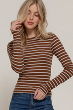 Load image into Gallery viewer, Long Sleeve Crew Neck Yarn Dyed Stripe Knit Top: WHT-WHITE/BLACK / L
