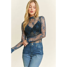 Load image into Gallery viewer, MESH LACE HIGH NECK DESIGN LONG SLEEVE FITTED TOP: Burgundy
