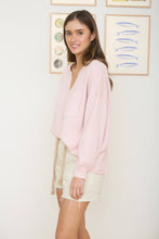Load image into Gallery viewer, SPLIT NECK RAW EDGE LONG SLEEVE RIBBED KNIT TOP: LIGHT PINK
