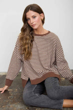 Load image into Gallery viewer, STRIPE EXPOSED SEAM SPLIT HEM LONG SLEEVE KNIT TOP (PRE-ORDER): BLACK
