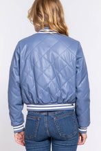 Load image into Gallery viewer, Long Sleeve Quilted PU Faux Leather Bomber Jacket: BLK-black / M
