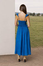 Load image into Gallery viewer, SMOCKED RUFFLE STRAP DENIM MIDI DRESS: DENIM
